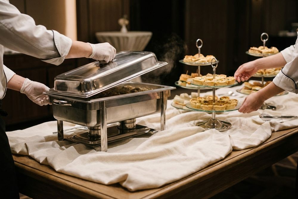[DRAFT] Drop-off catering trays staged and ready to serve.
