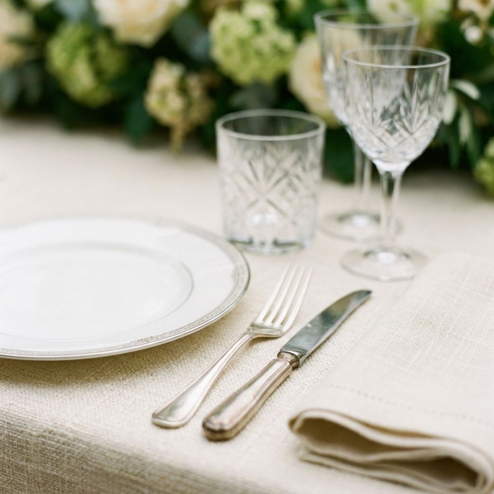[DRAFT] Close-up detail of a formal place setting — cream linen, polished silverware.