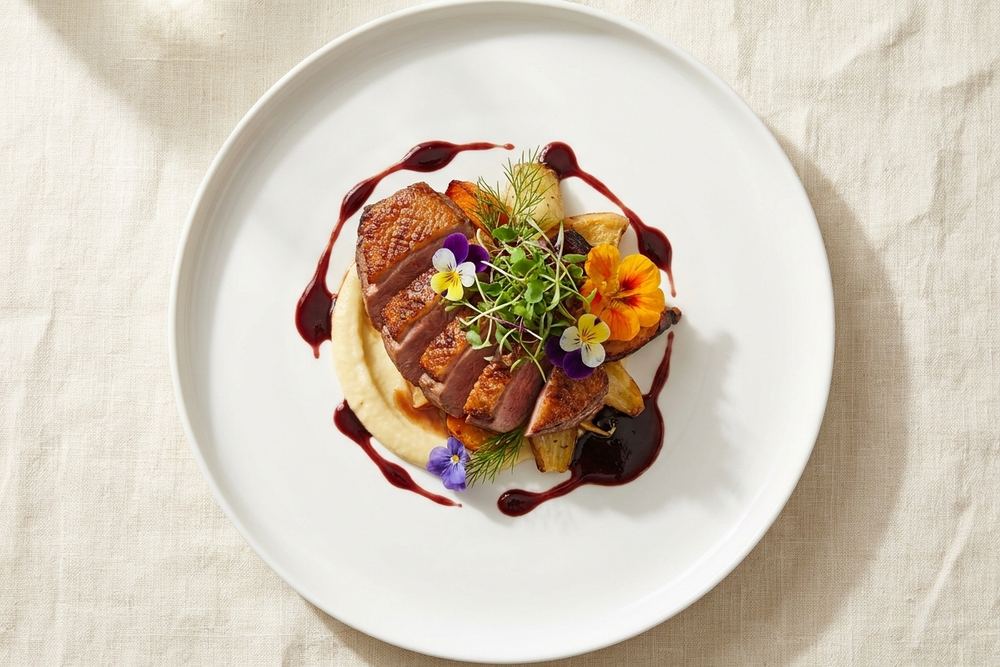 [DRAFT] A plated entree, formally presented.