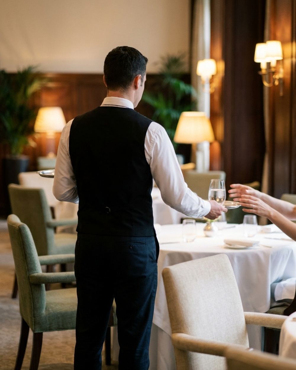 [DRAFT] A server in formal attire attending to a table setting.